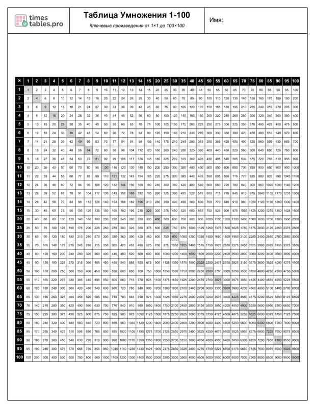 Multiplication Chart 1-100 Preview