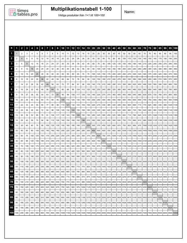 Multiplication Chart 1-100 Preview
